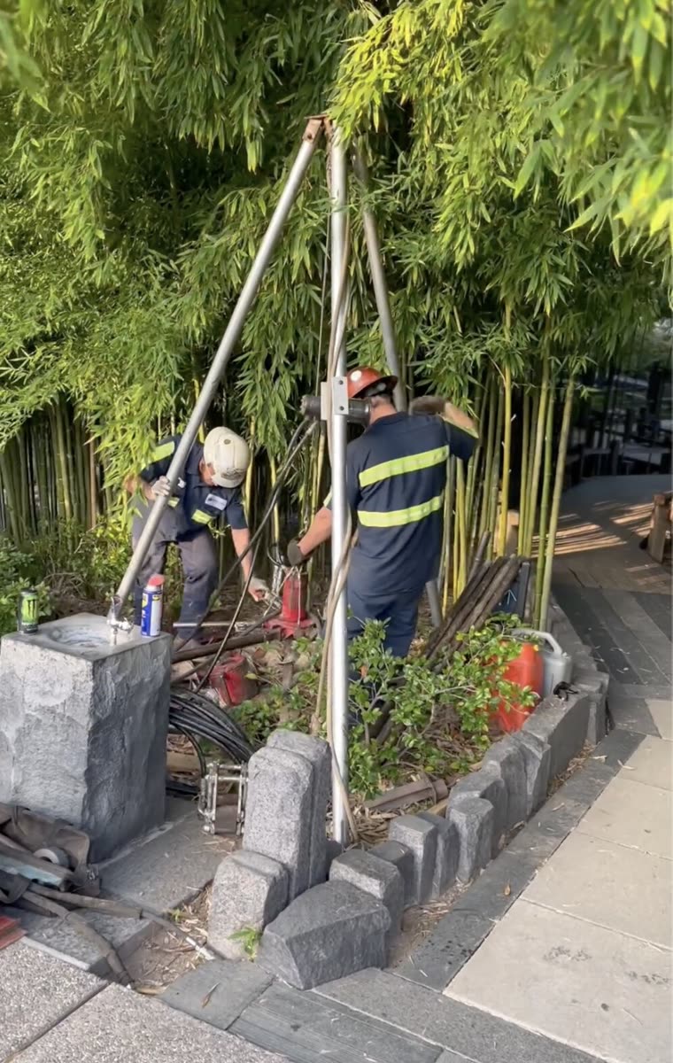 Two crew members operating the Beaver tripod rig in dense vegetation.